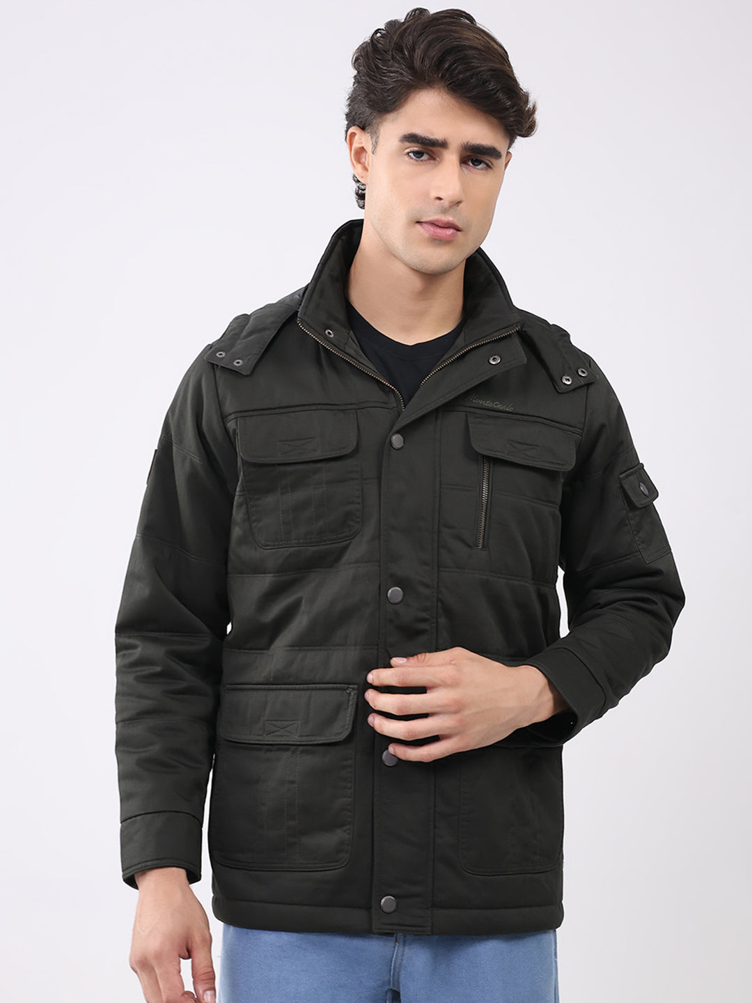 Men Green Solid Collar Full Sleeve Jacket