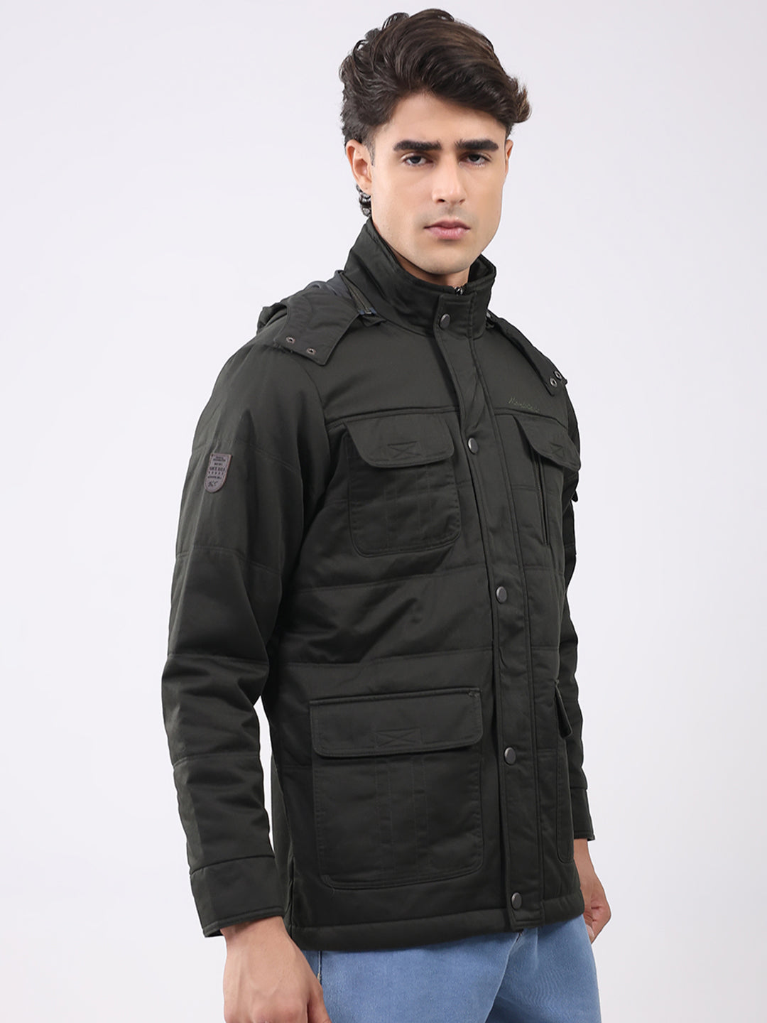 Men Green Solid Collar Full Sleeve Jacket