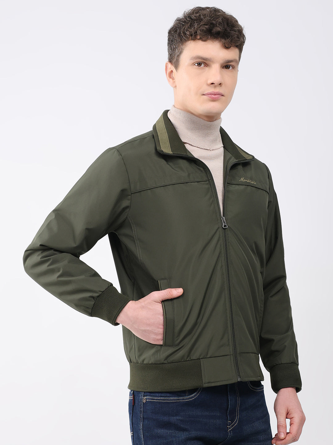 Men Olive Solid Collar Full Sleeve Jacket