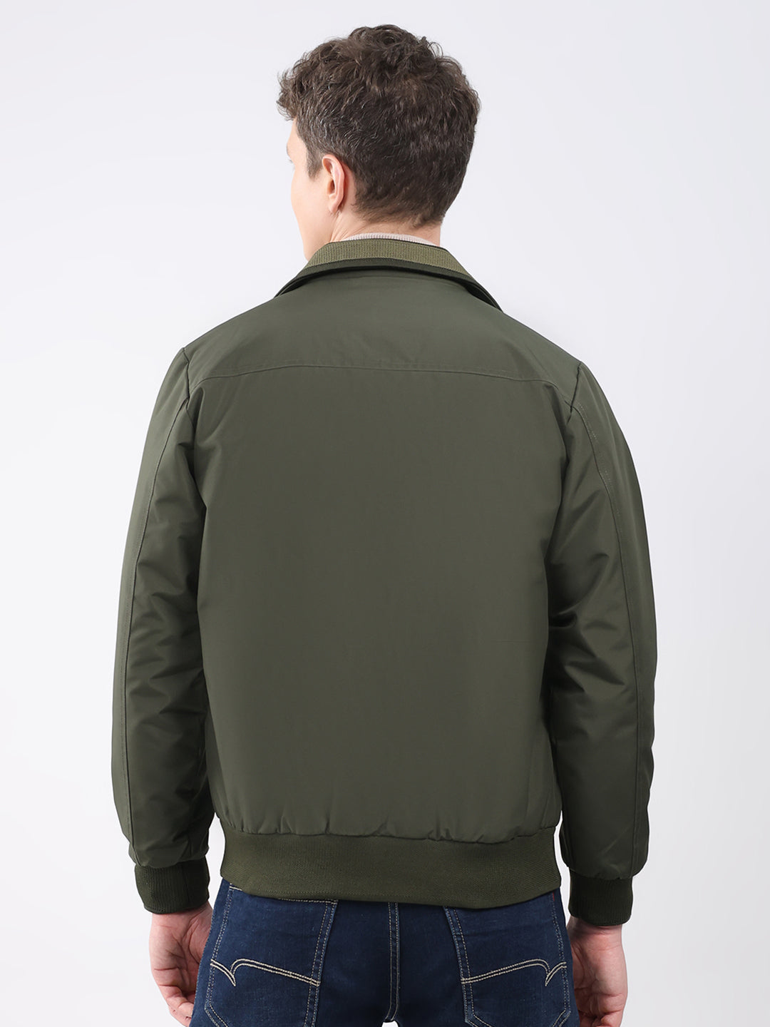 Men Olive Solid Collar Full Sleeve Jacket