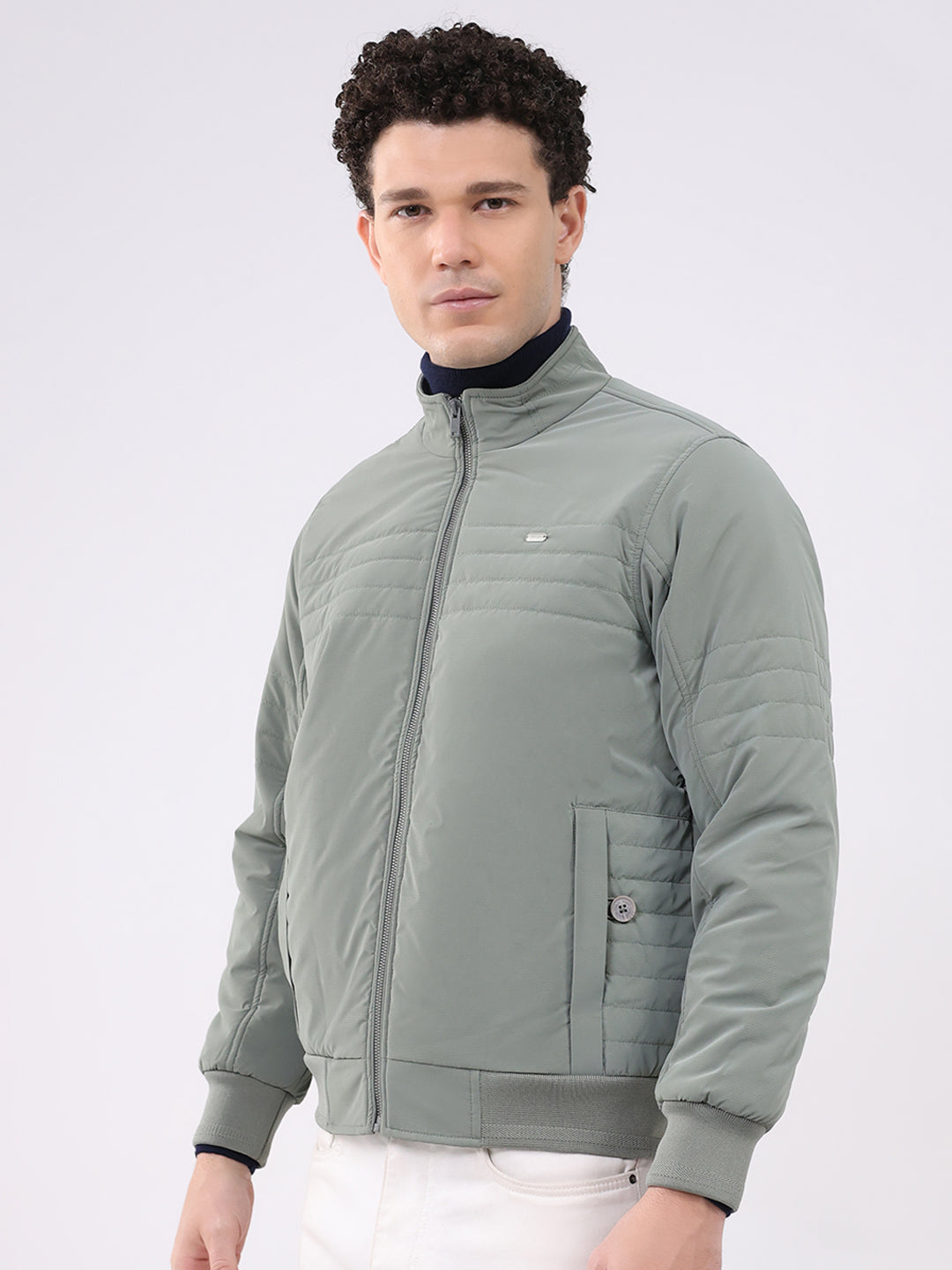 Men Sea Green Solid Collar Full Sleeve Jacket