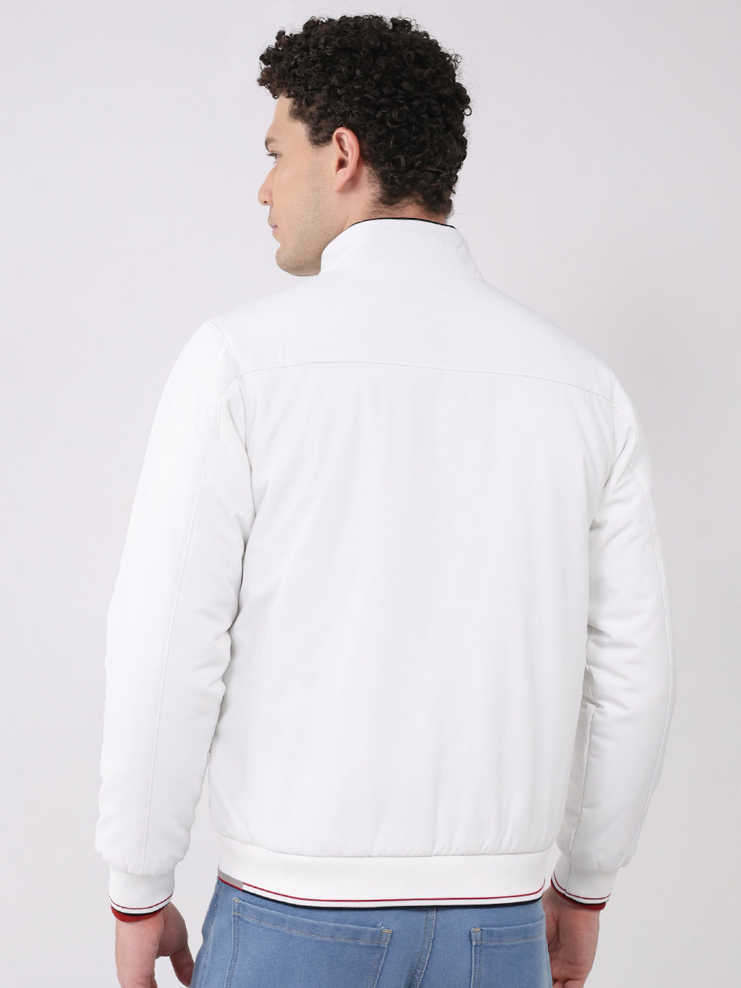 Men White Solid Mock Neck Full Sleeve Jacket