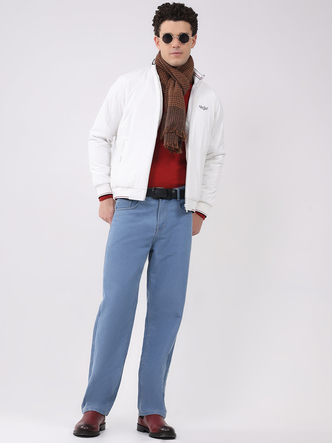 Men White Solid Mock Neck Full Sleeve Jacket