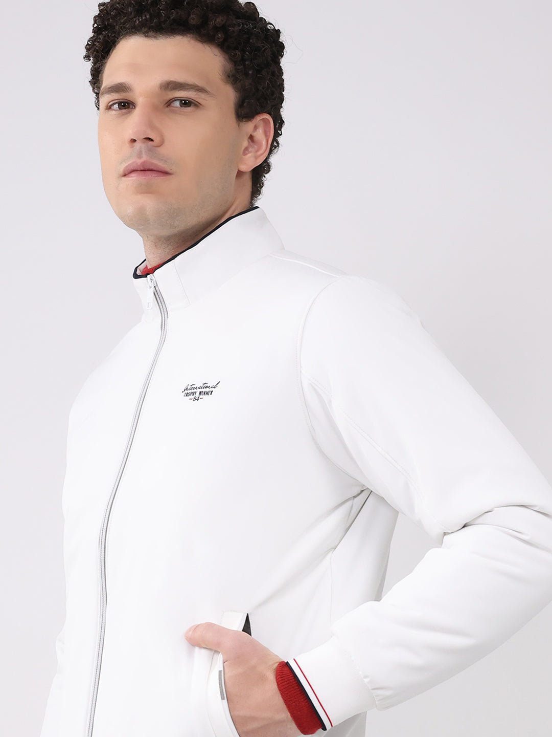 Men White Solid Mock Neck Full Sleeve Jacket
