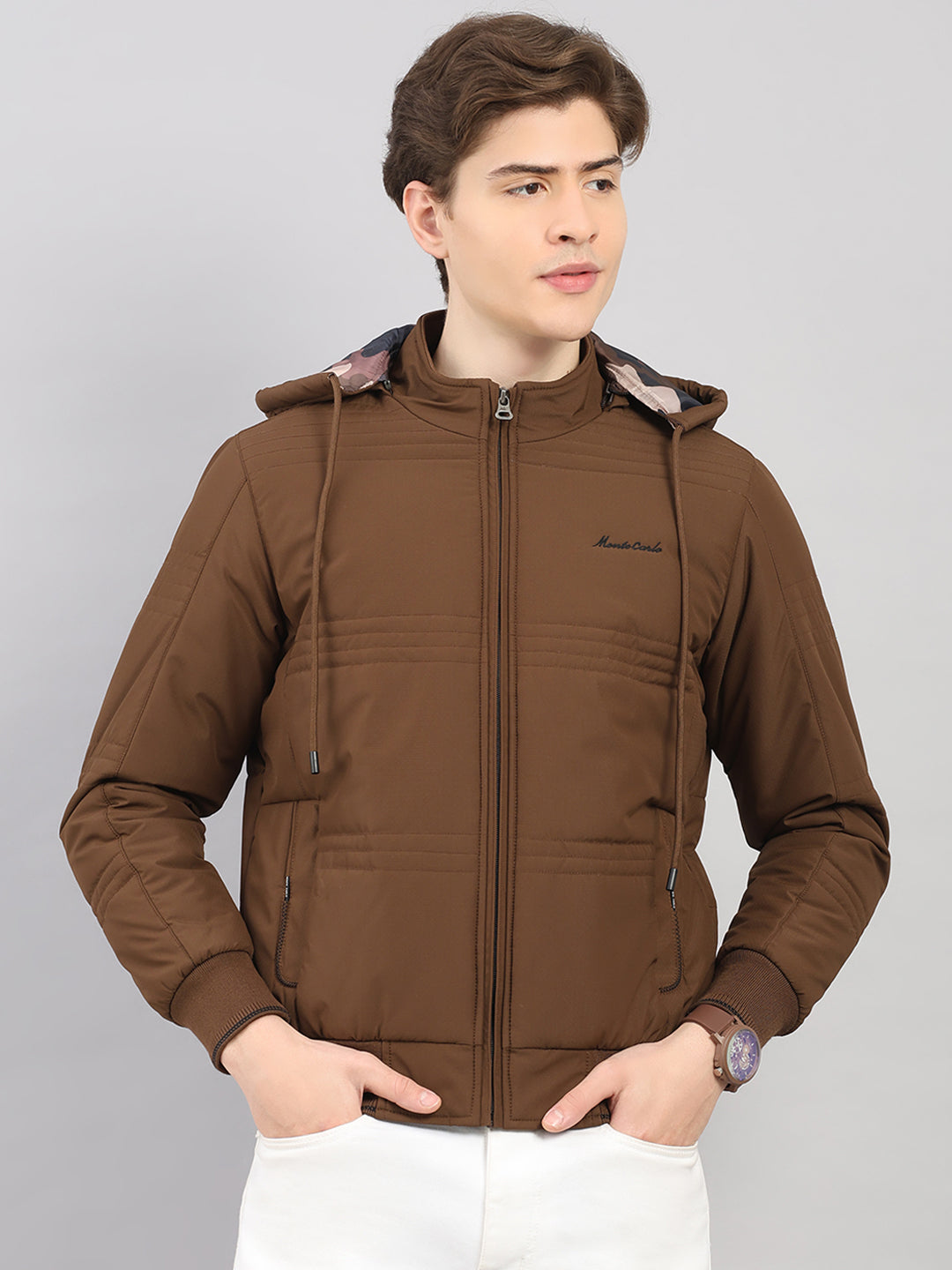 Men Brown Solid Hooded Full Sleeve Jacket