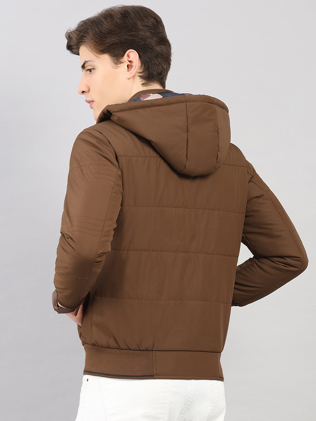 Men Brown Solid Hooded Full Sleeve Jacket