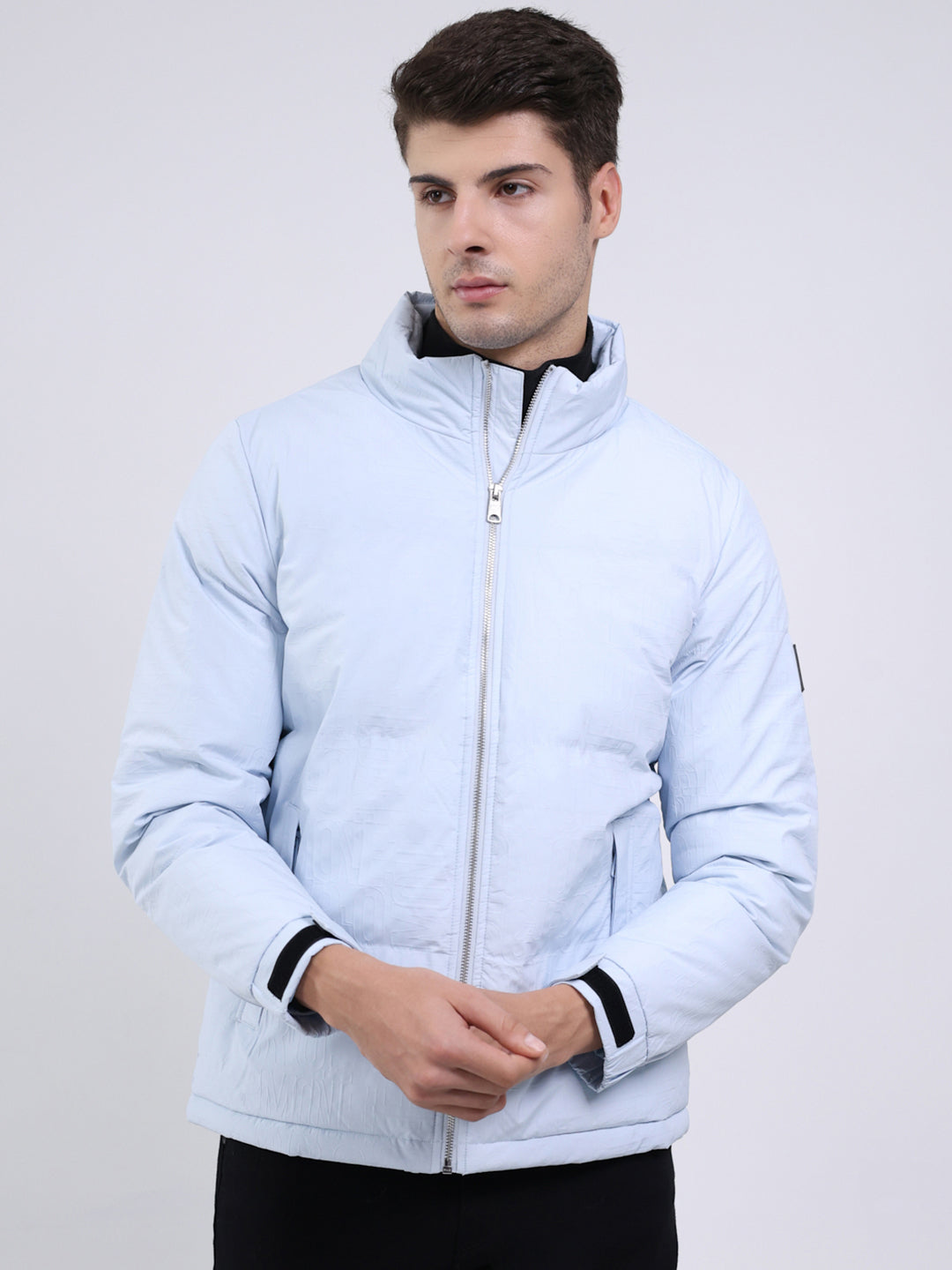 Men Sky Blue Solid Mock Neck Full Sleeve Jacket