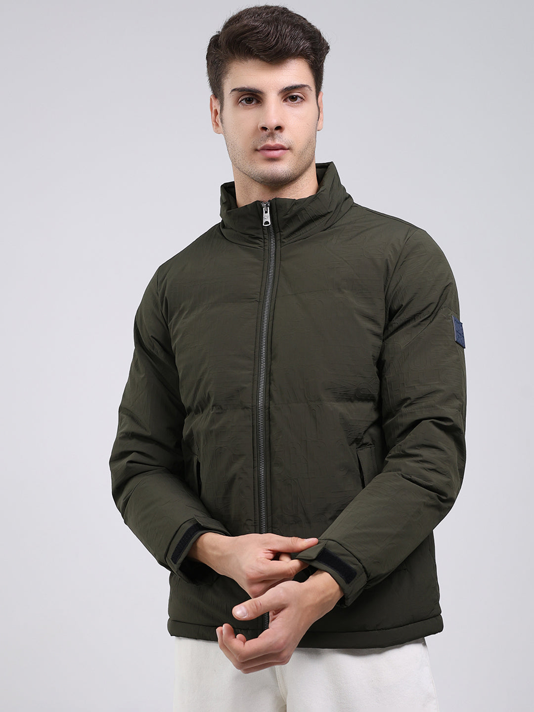 Men Olive Solid Mock Neck Full Sleeve Jacket