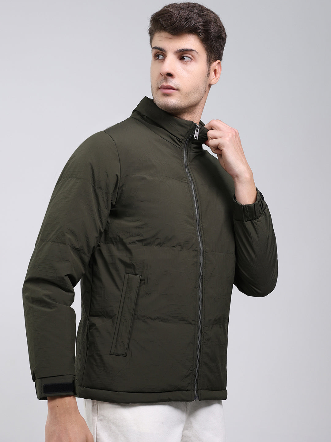 Men Olive Solid Mock Neck Full Sleeve Jacket