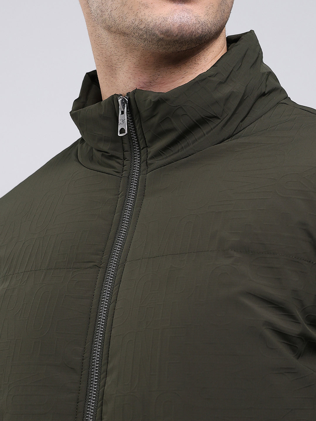 Men Olive Solid Mock Neck Full Sleeve Jacket