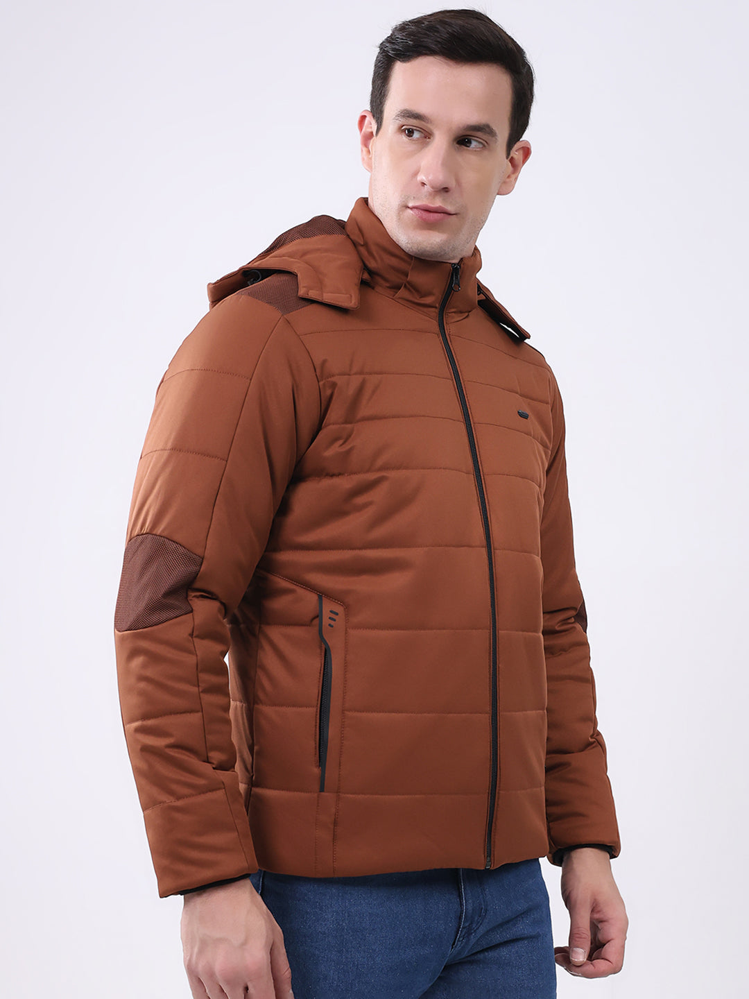 Men Tan Solid Hooded Full Sleeve Jacket
