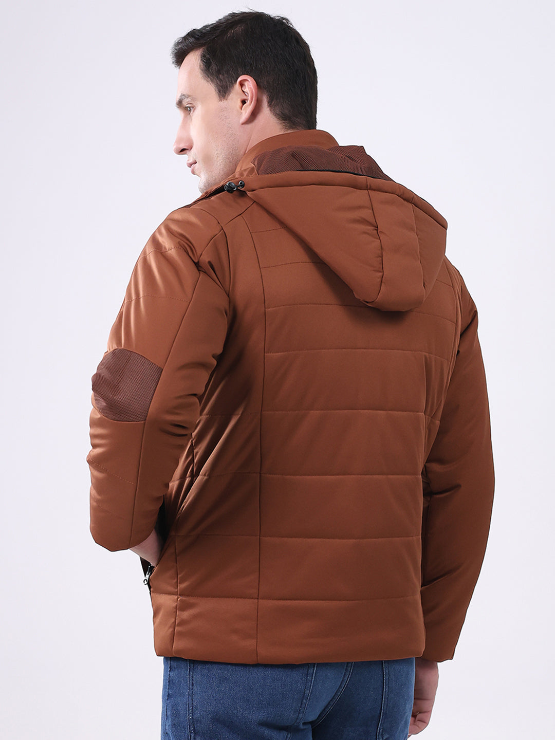 Men Tan Solid Hooded Full Sleeve Jacket