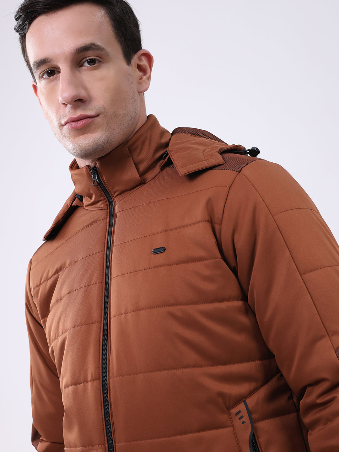 Men Tan Solid Hooded Full Sleeve Jacket
