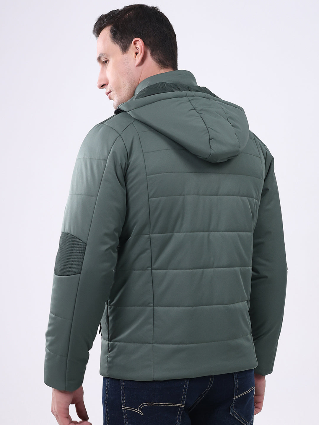 Men Green Solid Hooded Full Sleeve Jacket