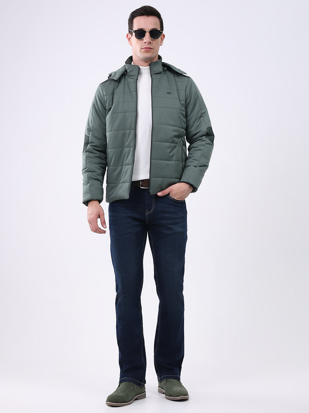 Men Green Solid Hooded Full Sleeve Jacket