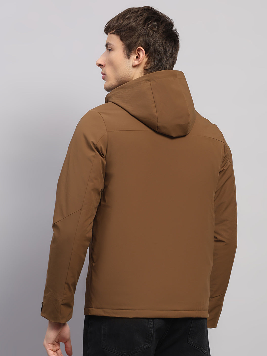 Men Tan Solid Hooded Full Sleeve Jacket