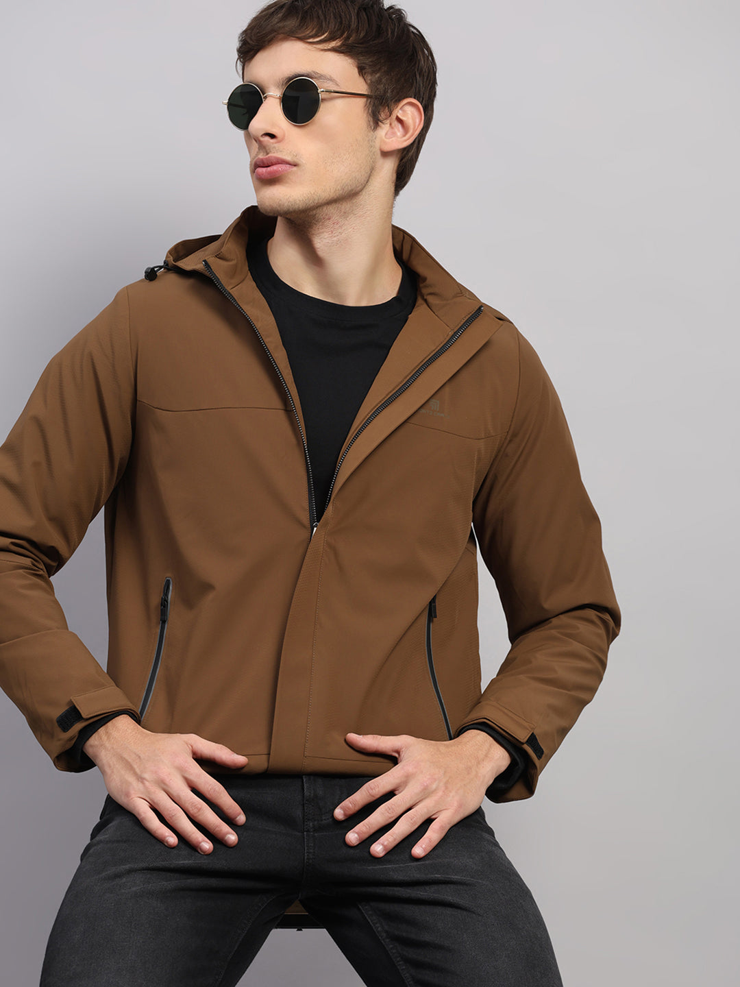 Men Tan Solid Hooded Full Sleeve Jacket