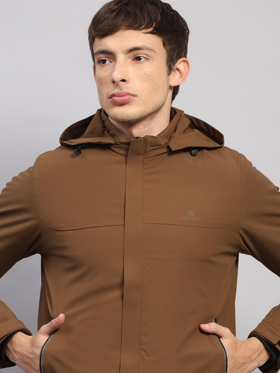 Men Tan Solid Hooded Full Sleeve Jacket