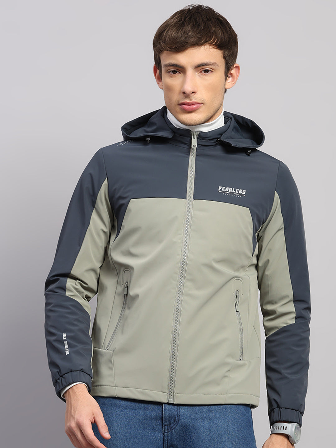 Men Blue Solid Hooded Full Sleeve Jacket