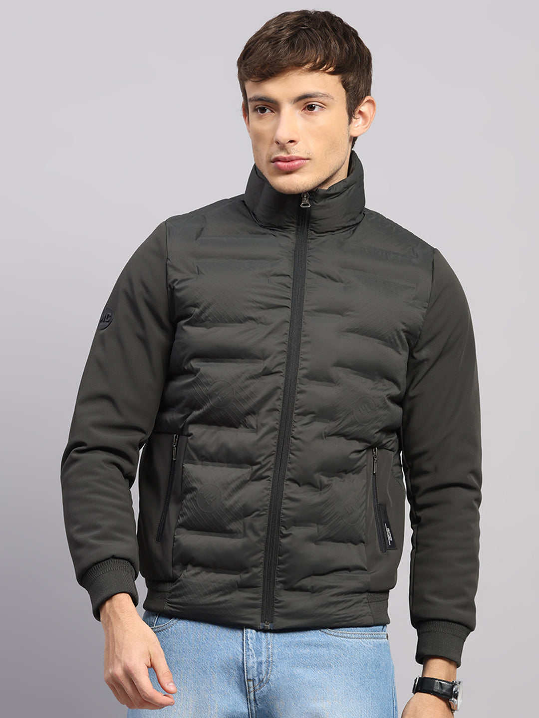 Men Olive Solid Mock Neck Full Sleeve Jacket