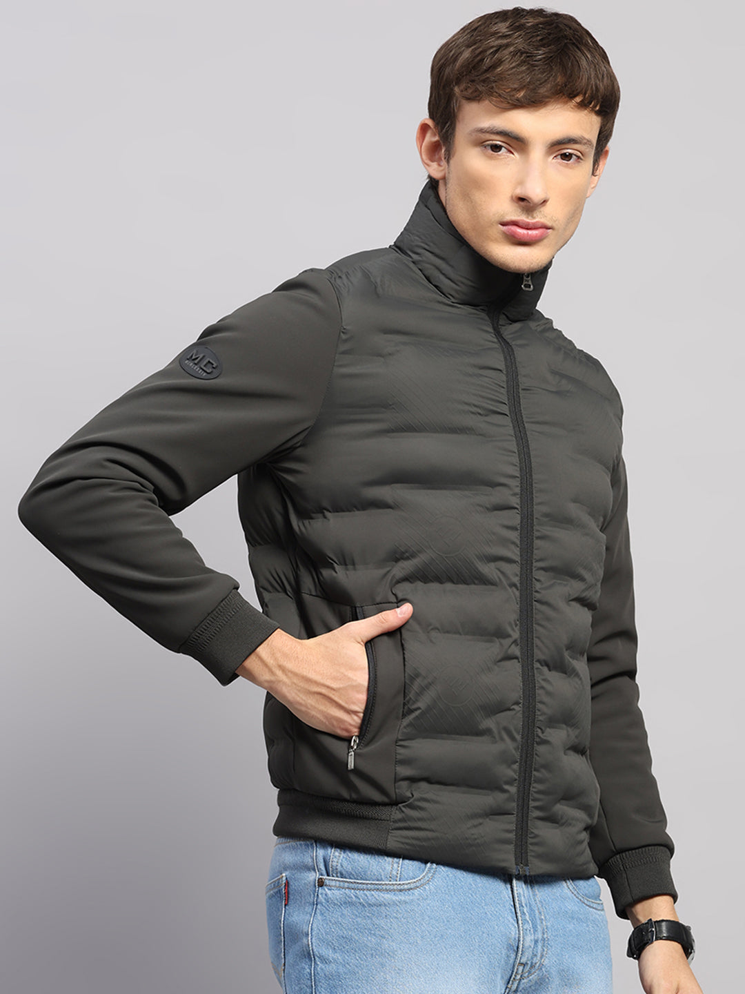 Men Olive Solid Mock Neck Full Sleeve Jacket