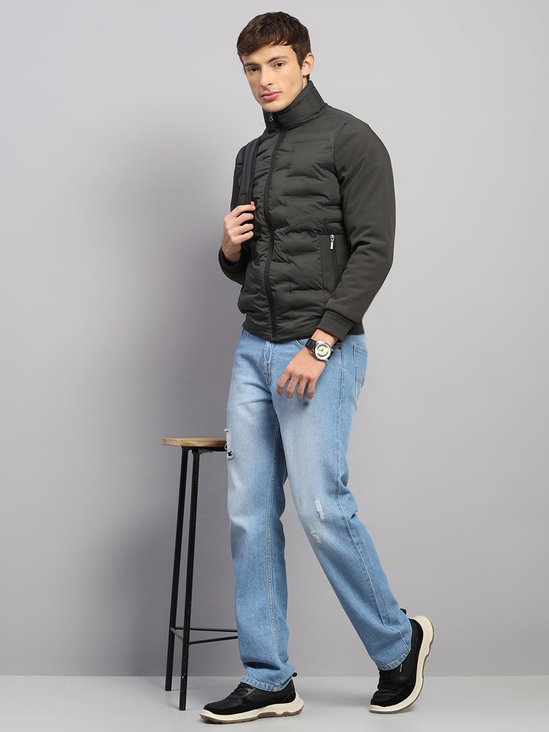 Men Olive Solid Mock Neck Full Sleeve Jacket