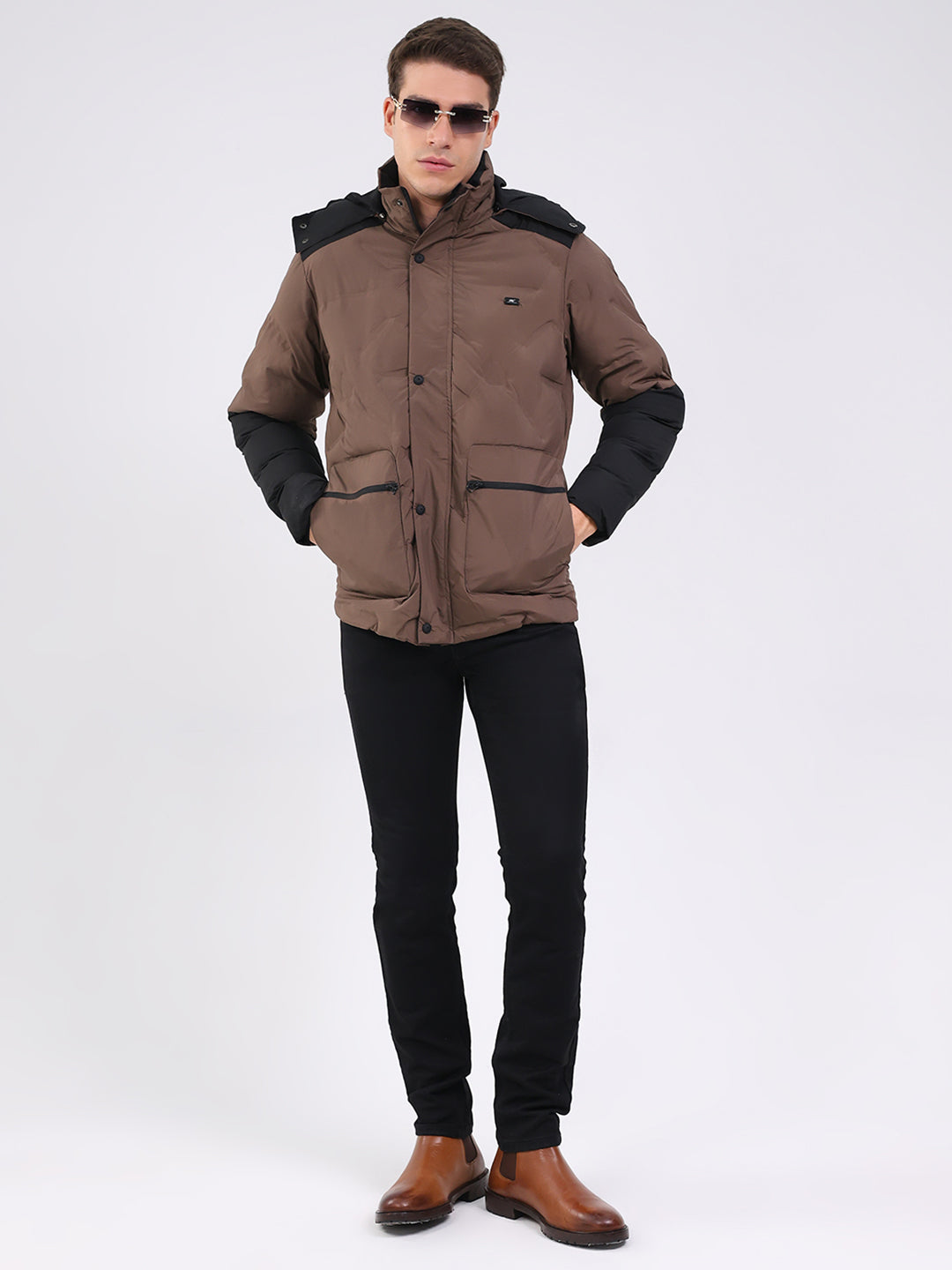 Men Brown Solid Hooded Full Sleeve Jacket