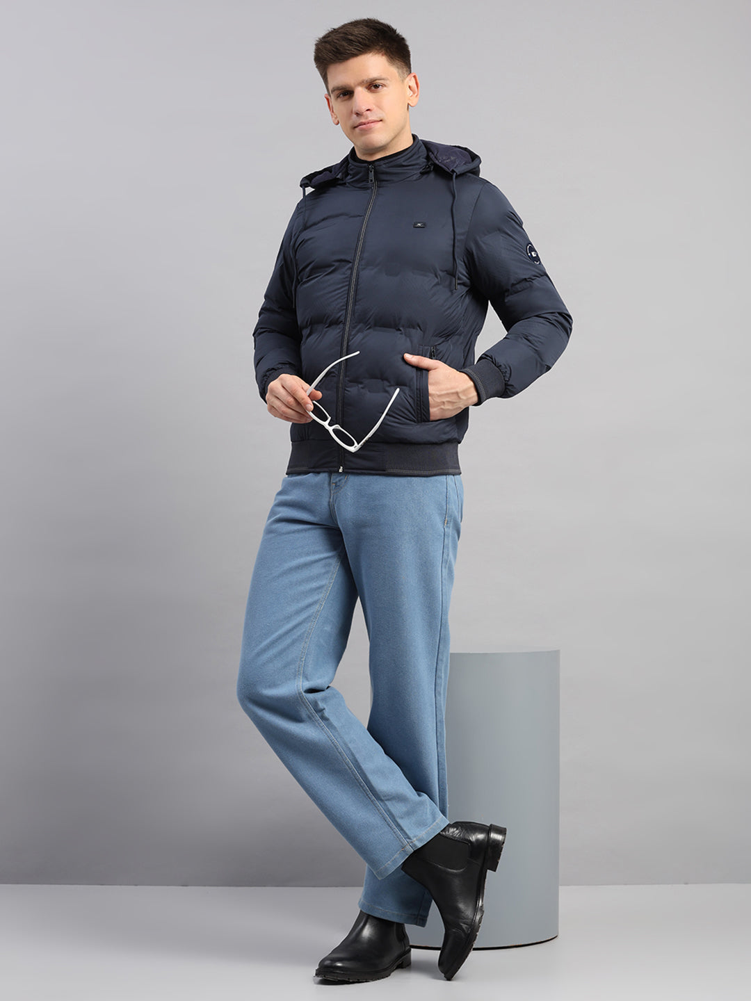 Men Navy Blue Solid Hooded Full Sleeve Jacket