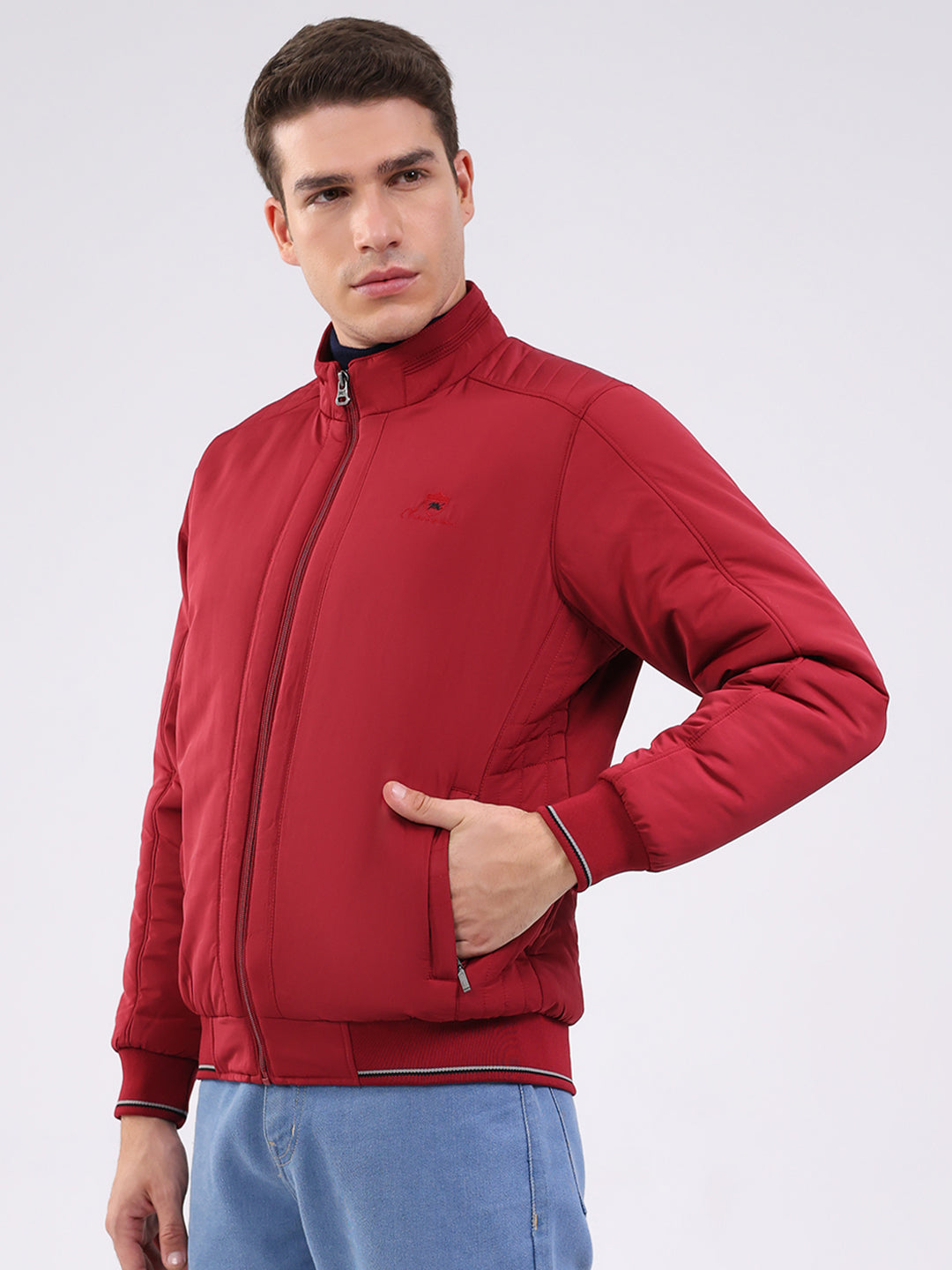 Men Maroon Solid Mock Neck Full Sleeve Jacket