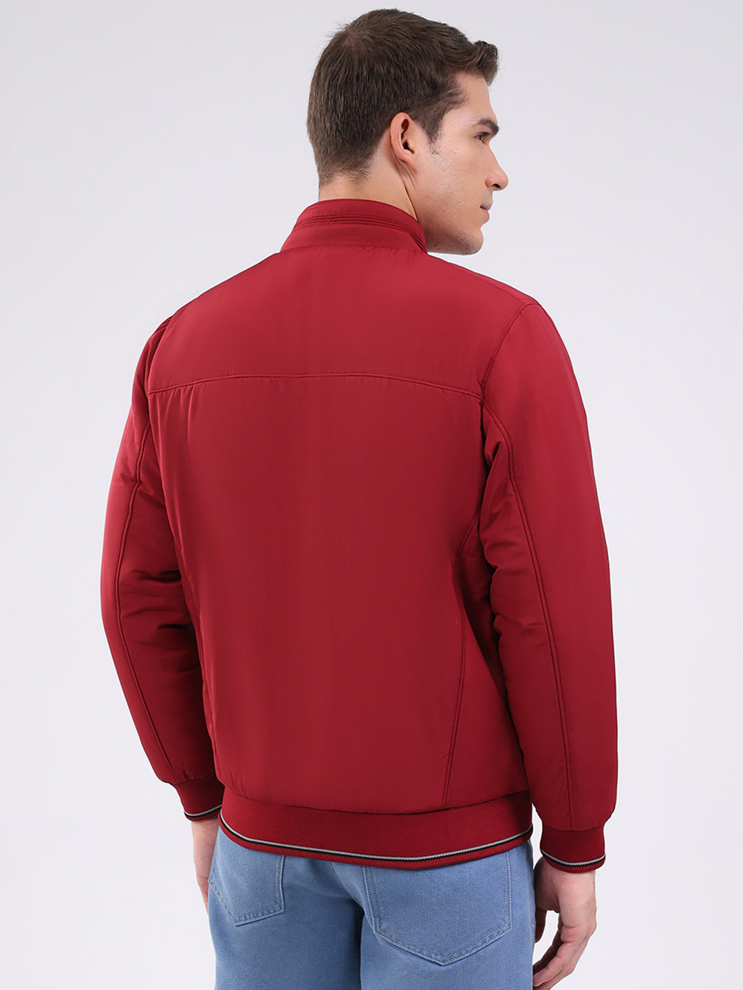 Men Maroon Solid Mock Neck Full Sleeve Jacket