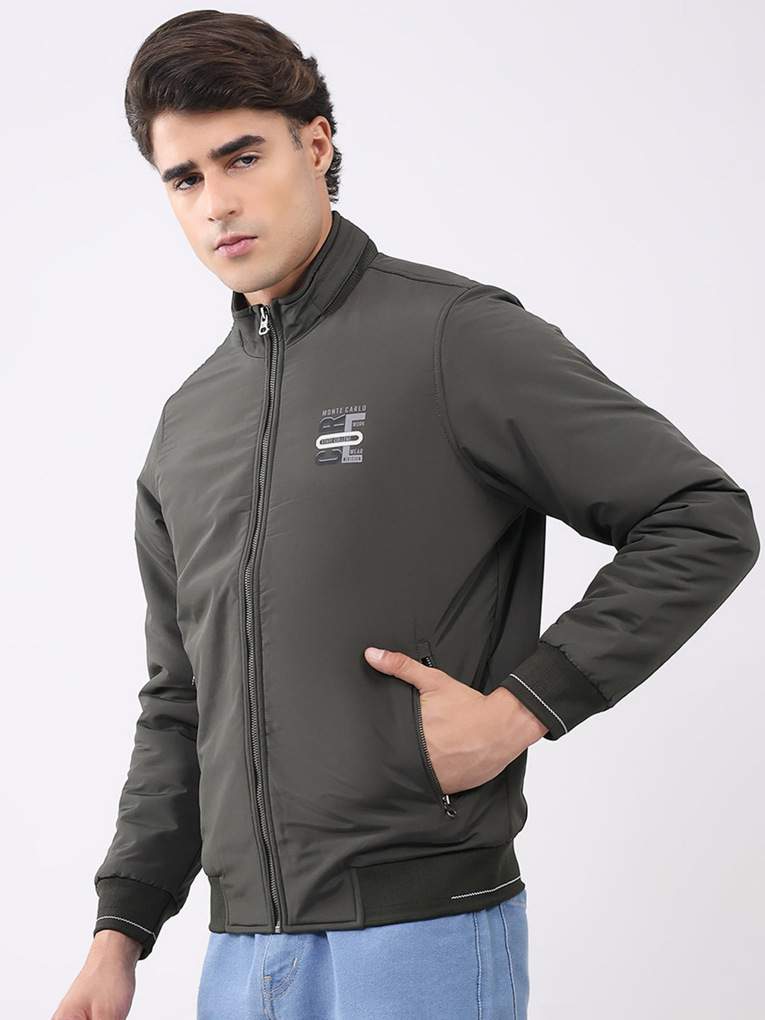 Men Olive Solid Collar Full Sleeve Jacket