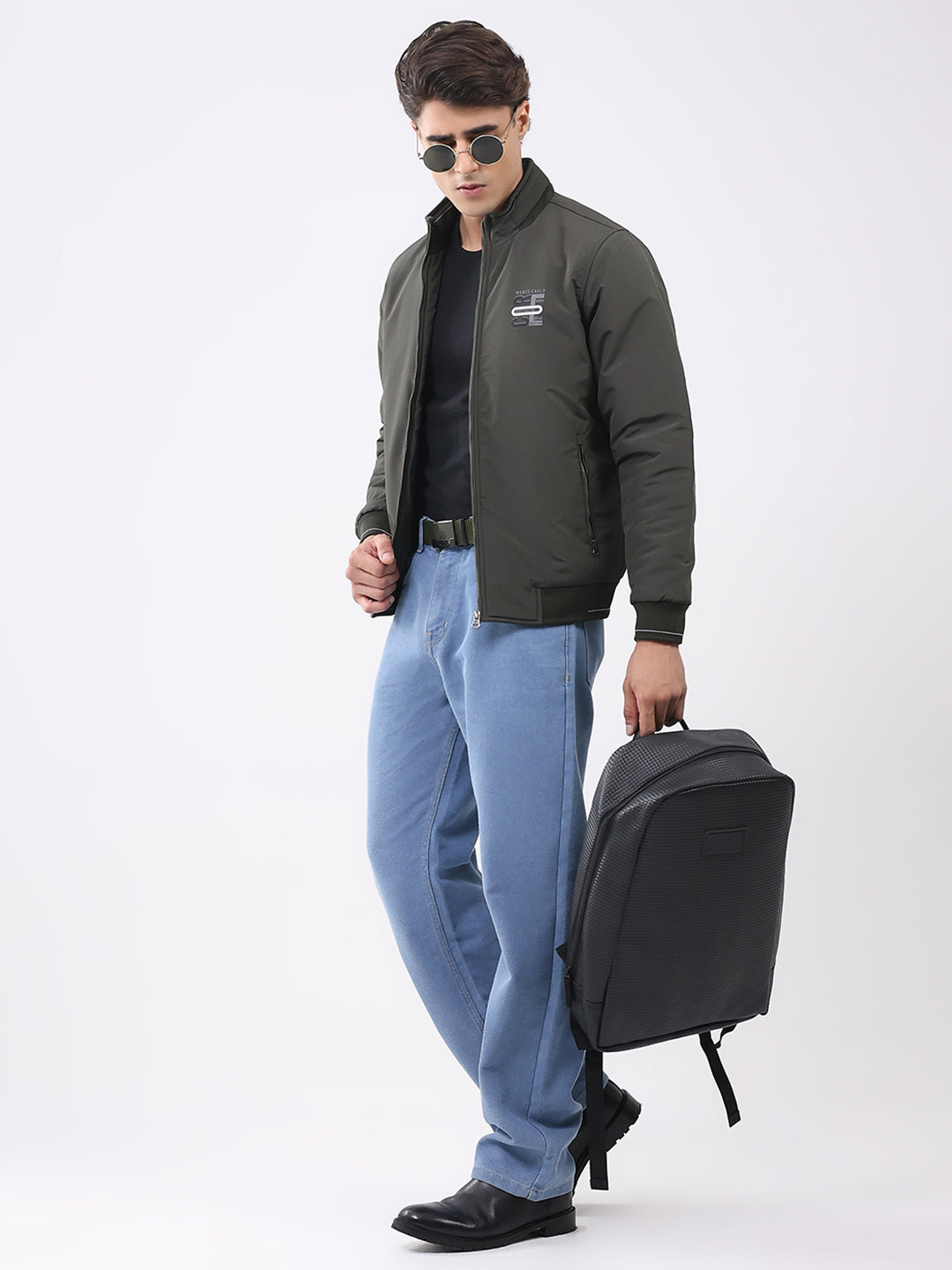 Men Olive Solid Collar Full Sleeve Jacket