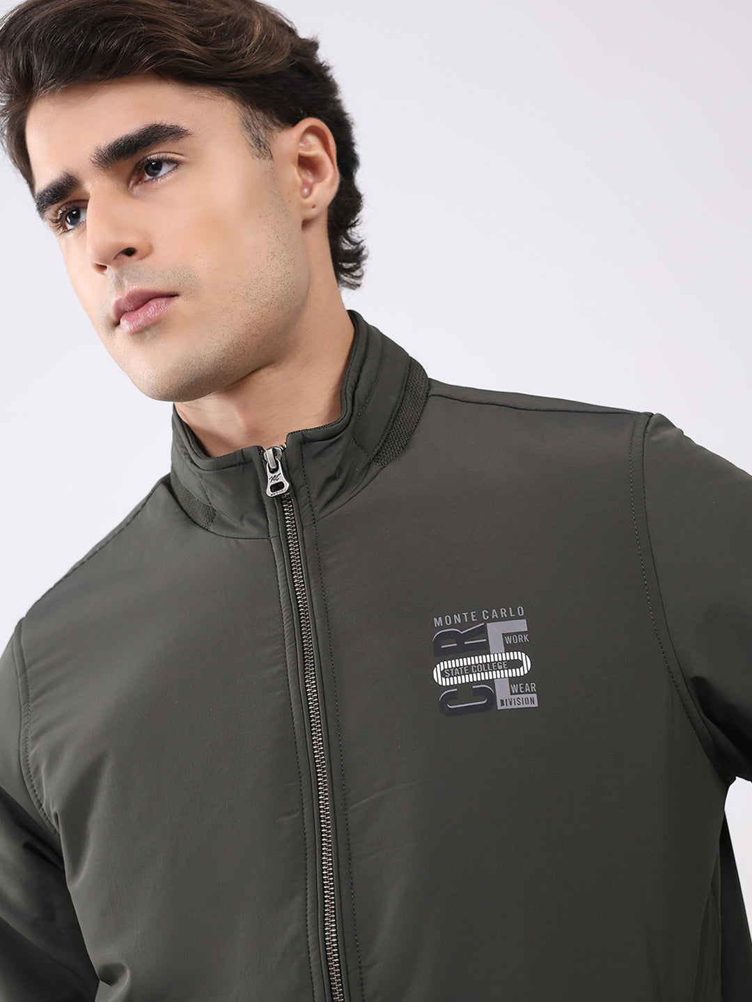 Men Olive Solid Collar Full Sleeve Jacket