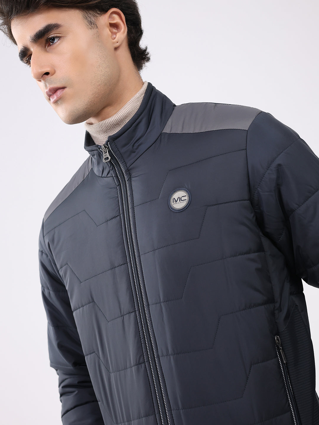 Men Navy Blue Solid Collar Full Sleeve Jacket