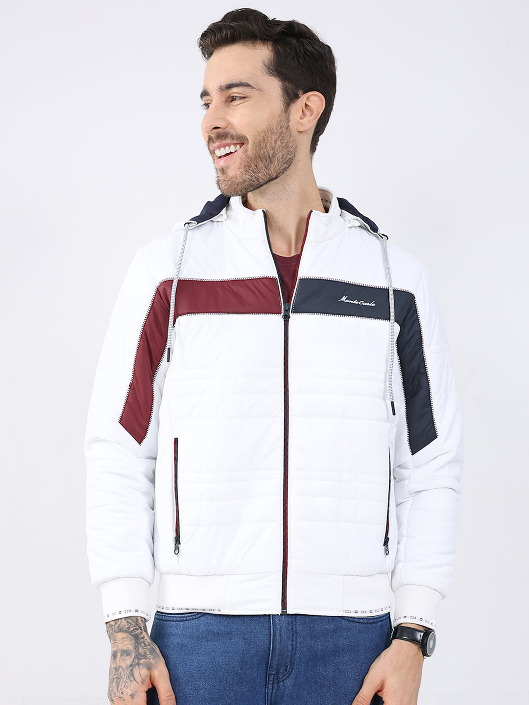Men White Solid Detachable Hood Full Sleeve Jacket