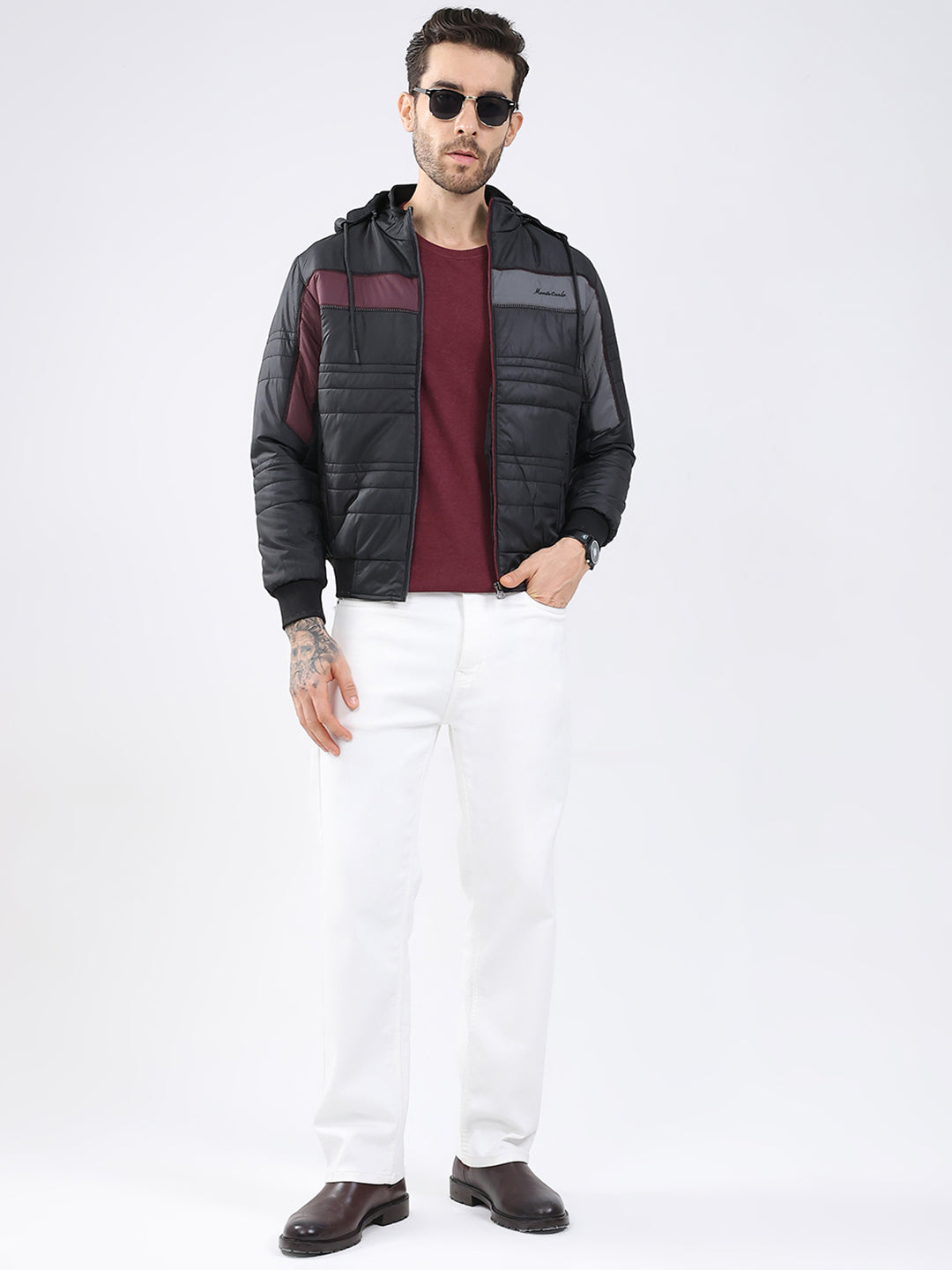 Men Black Solid Detachable Hood Full Sleeve Jacket