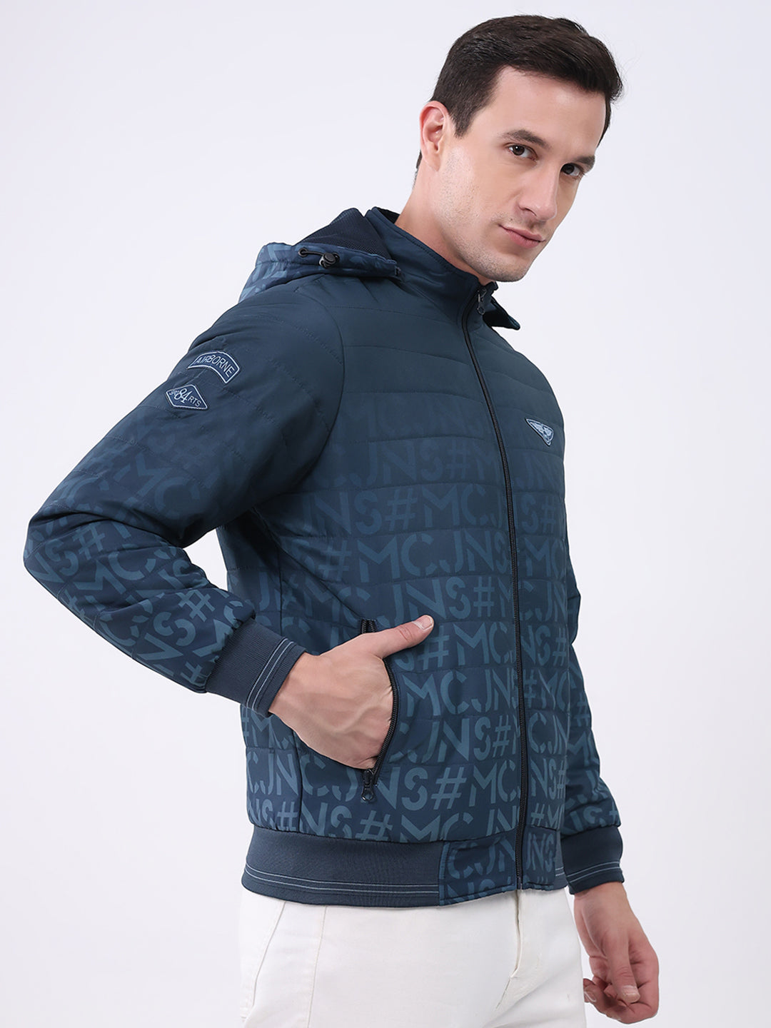 Men Navy Blue Printed Hooded Full Sleeve Jacket