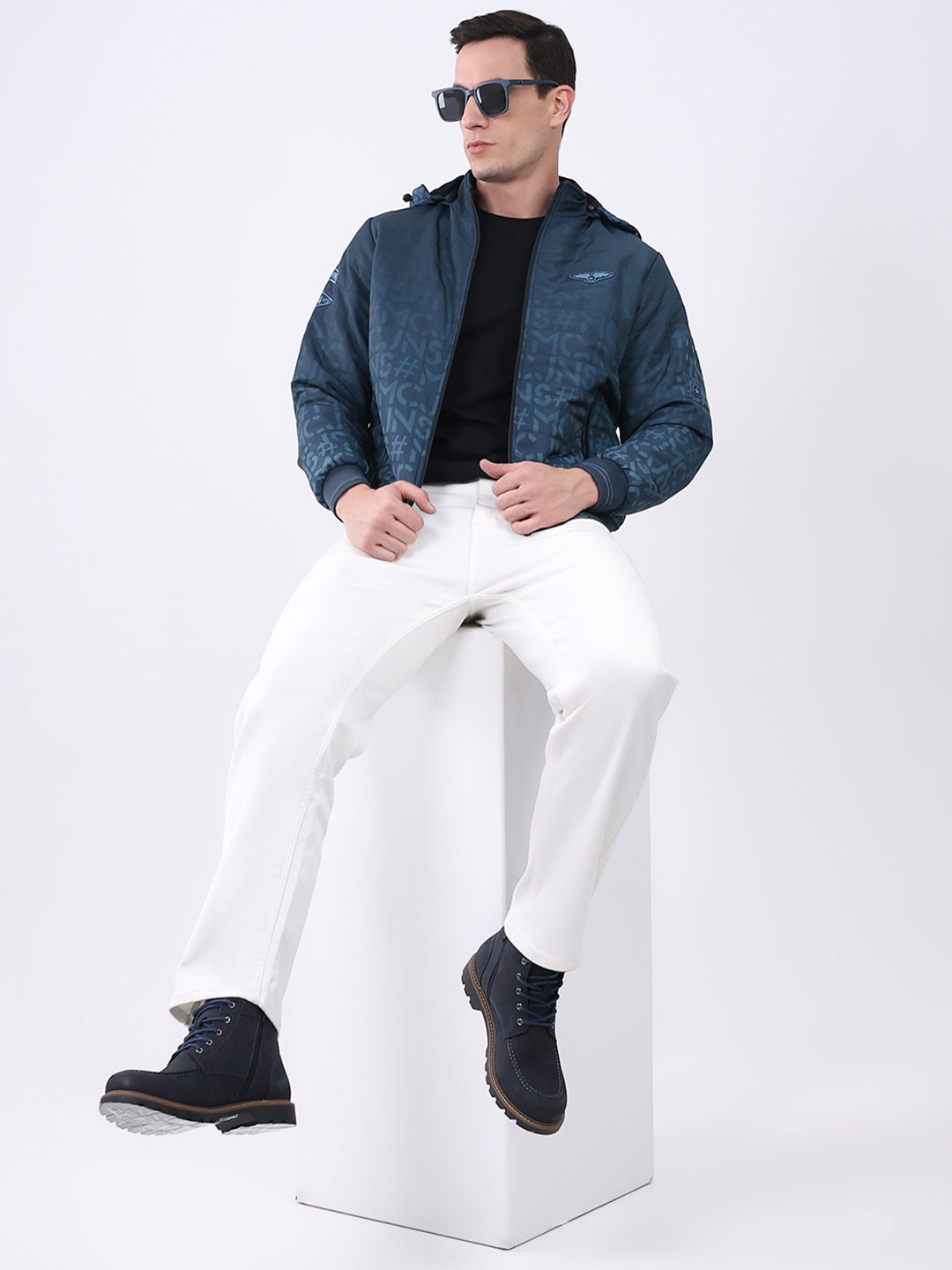 Men Navy Blue Printed Hooded Full Sleeve Jacket