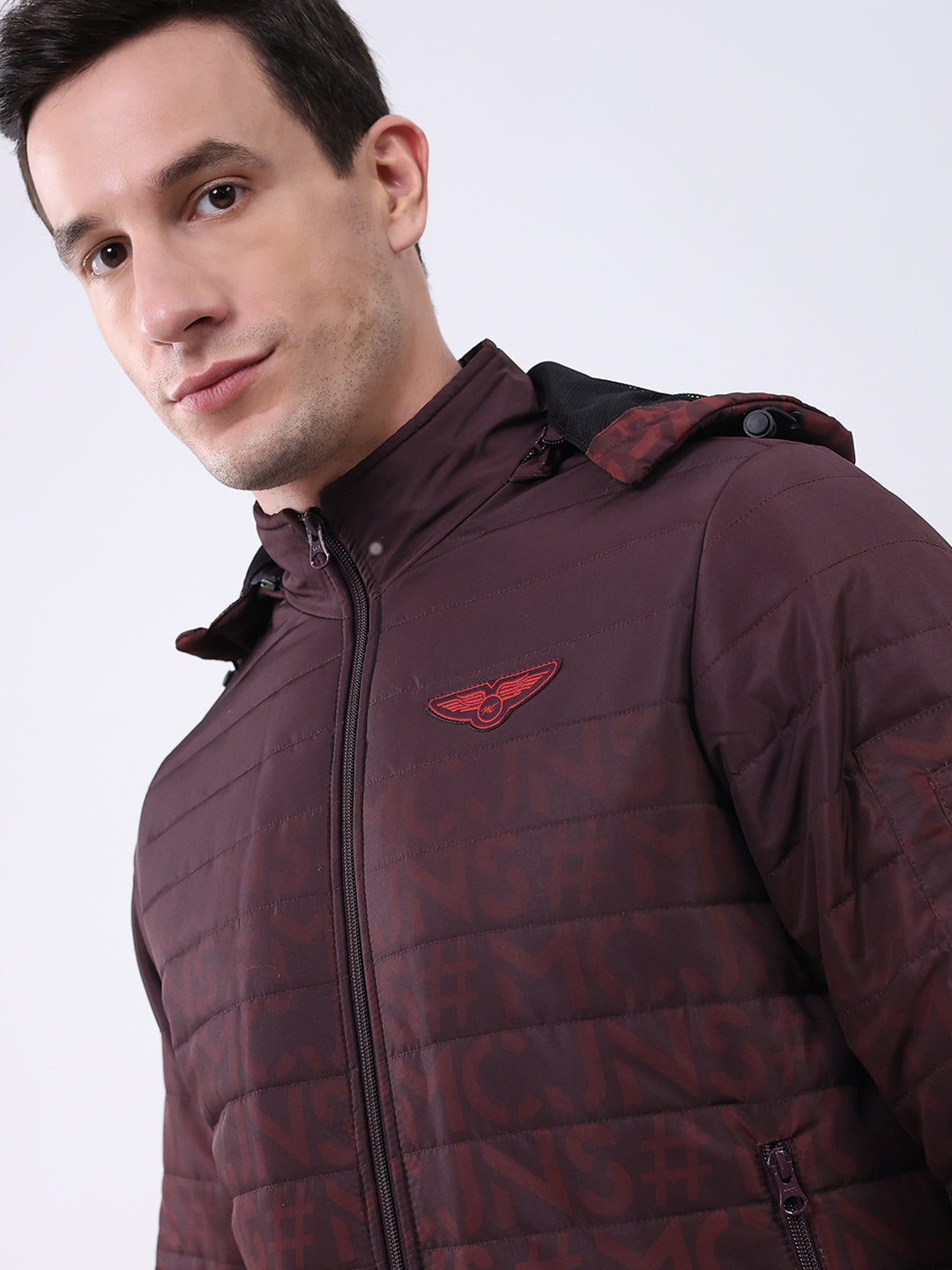 Men Burgundy Printed Hooded Full Sleeve Jacket