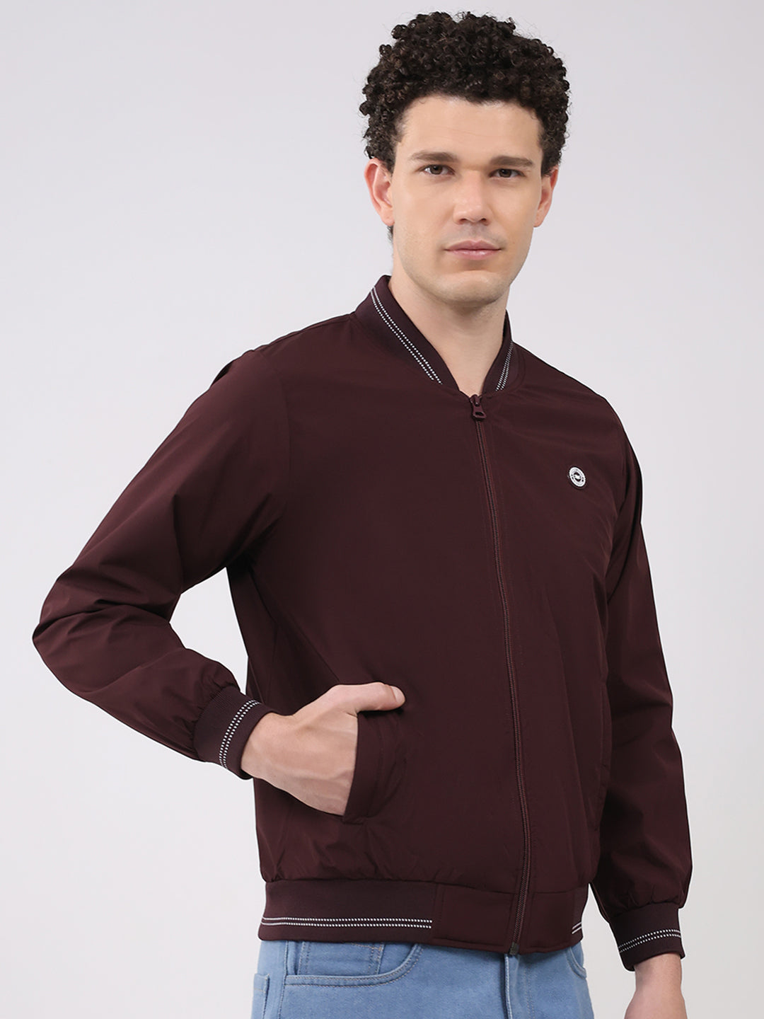 Men Burgundy Solid Collar Full Sleeve Jacket