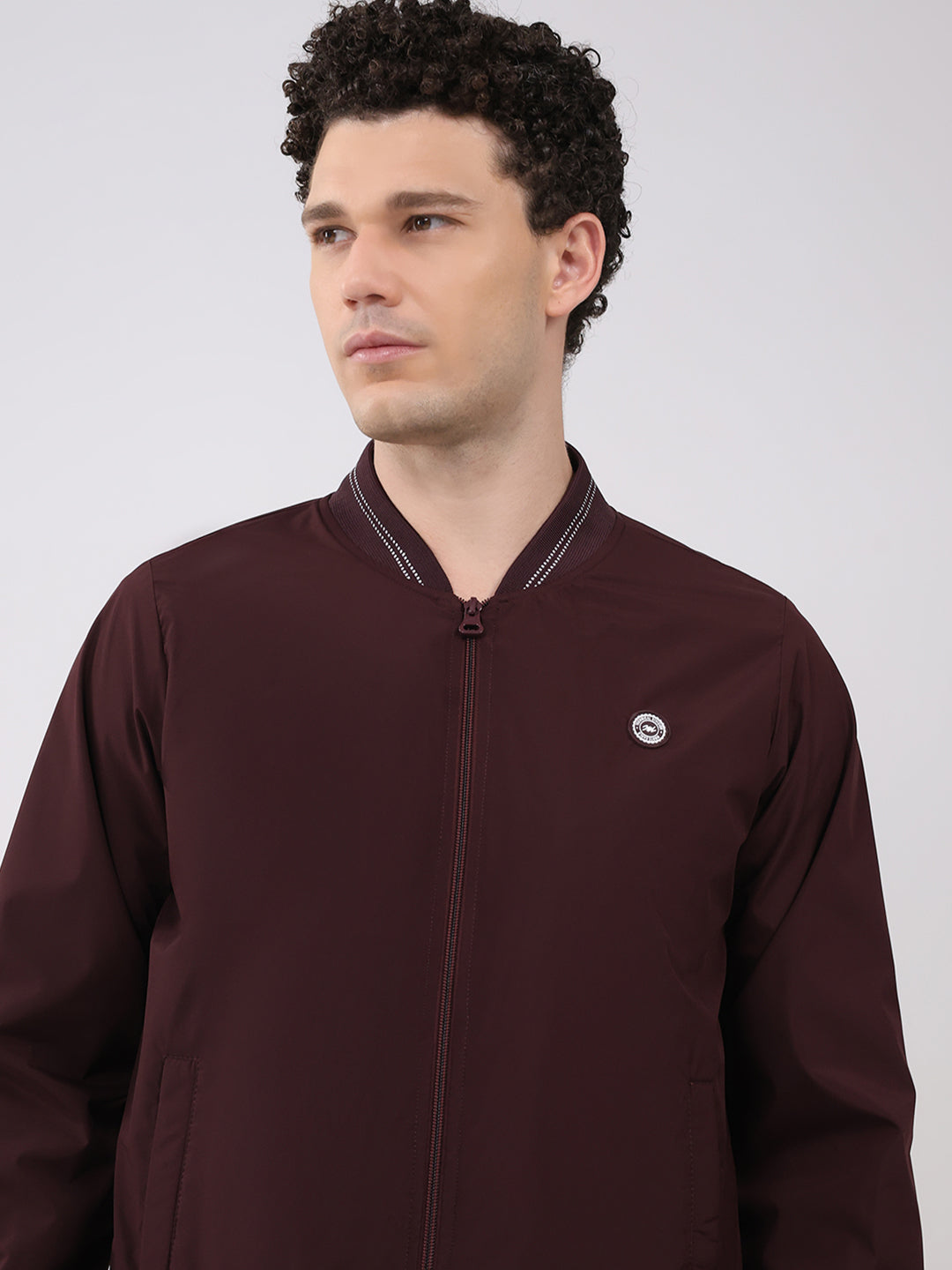 Men Burgundy Solid Collar Full Sleeve Jacket