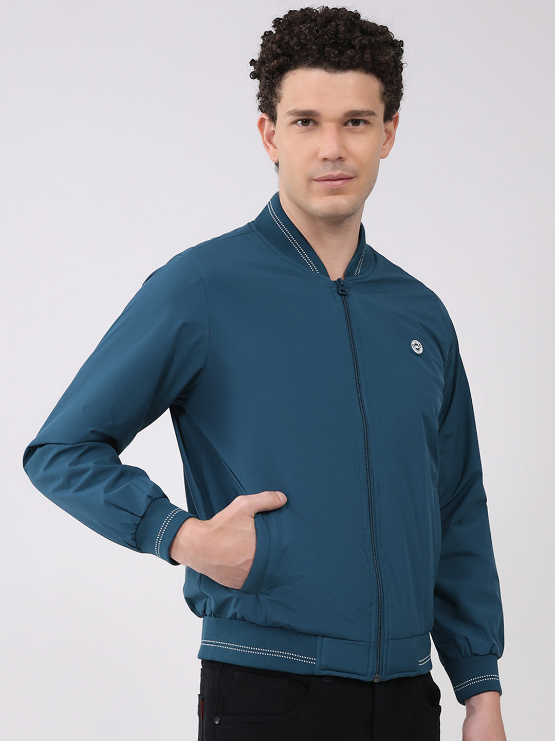 Men Teal Blue Solid Collar Full Sleeve Jacket