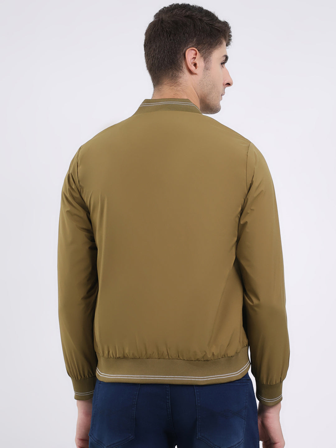 Men Mustard Solid Band Neck Full Sleeve Jacket