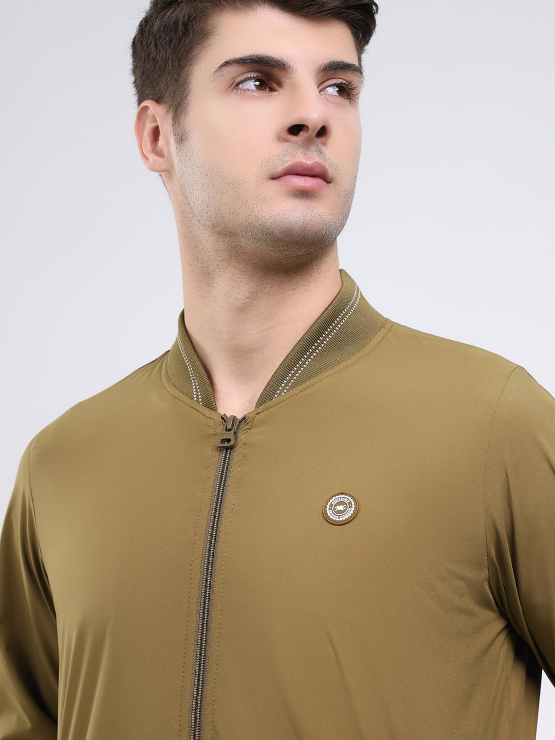 Men Mustard Solid Band Neck Full Sleeve Jacket