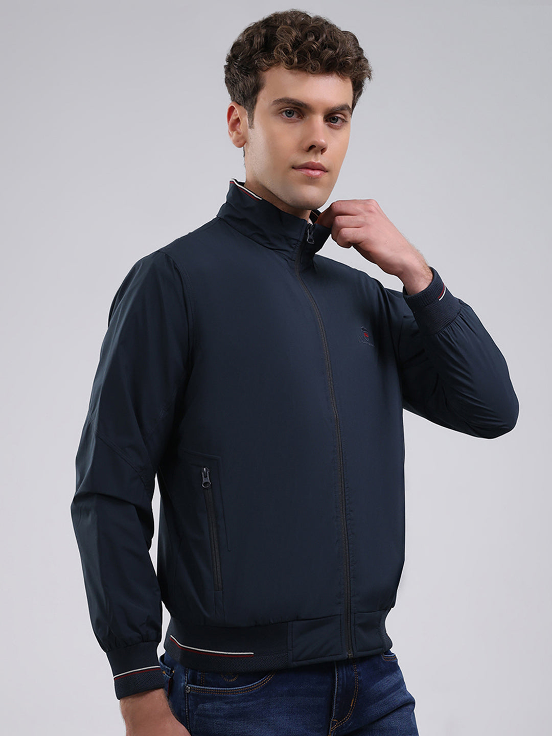 Men Navy Blue Solid Stand Collar Full Sleeve Jacket