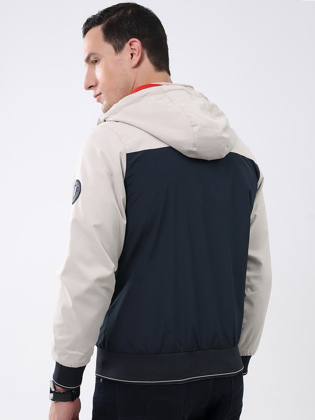 Men Cream & Navy Blue Solid Detachable Hood Full Sleeve Jacket