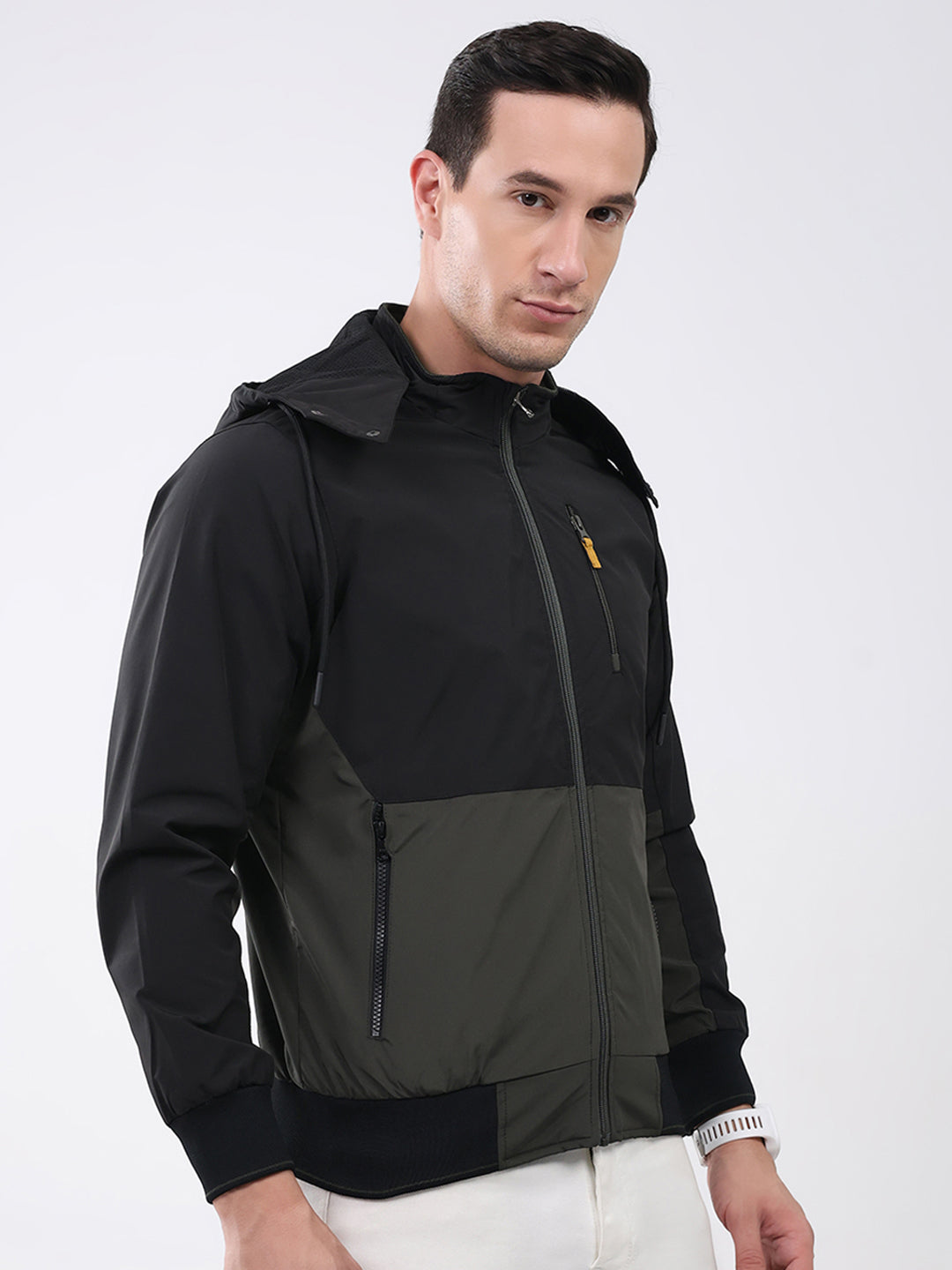 Men Olive Solid Detachable Hood Full Sleeve Jacket