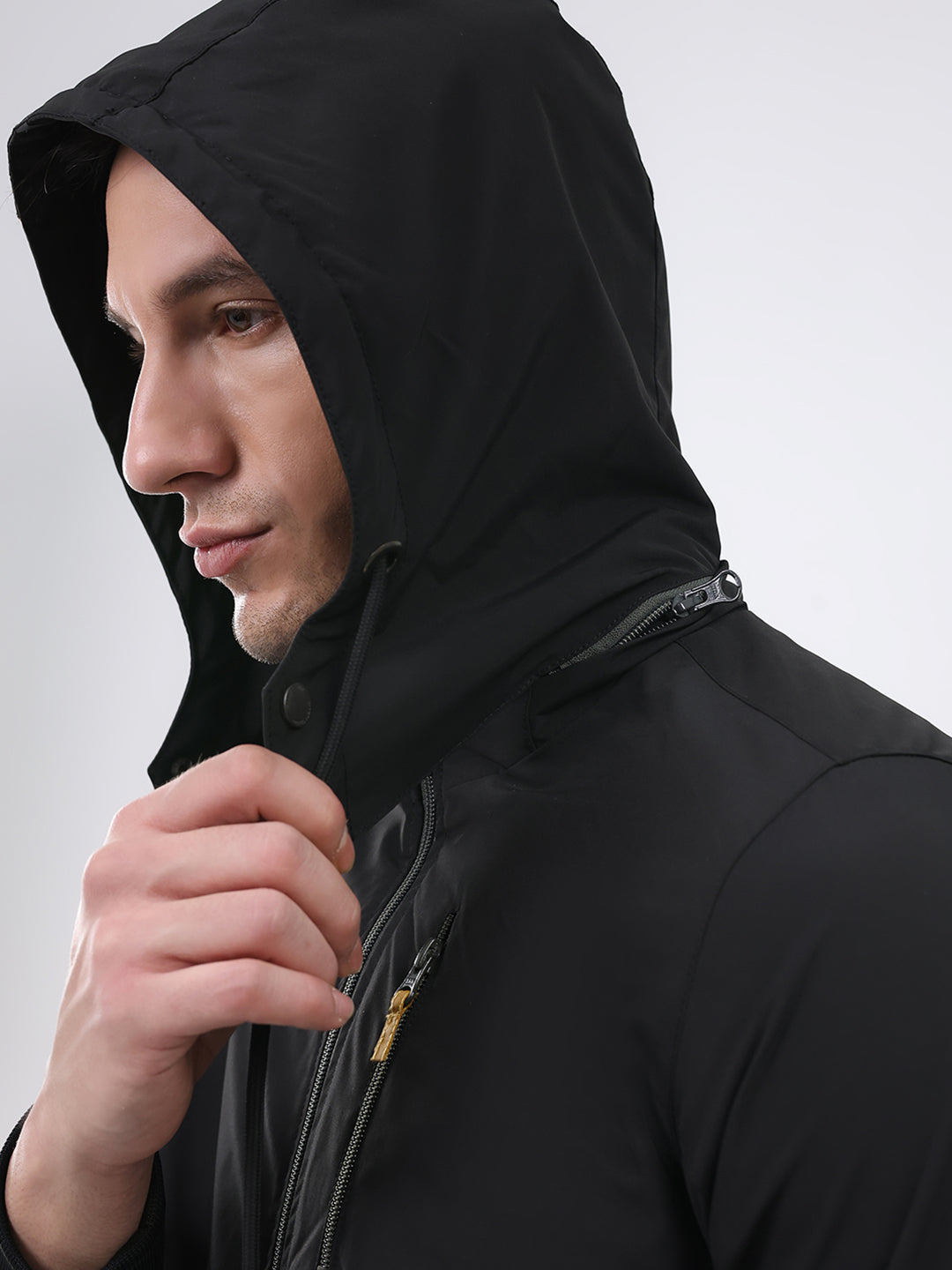 Men Olive Solid Detachable Hood Full Sleeve Jacket