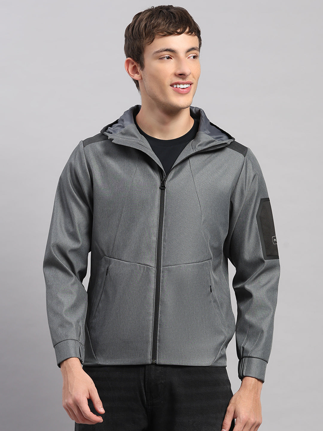 Men Grey Solid Hooded Full Sleeve Jacket
