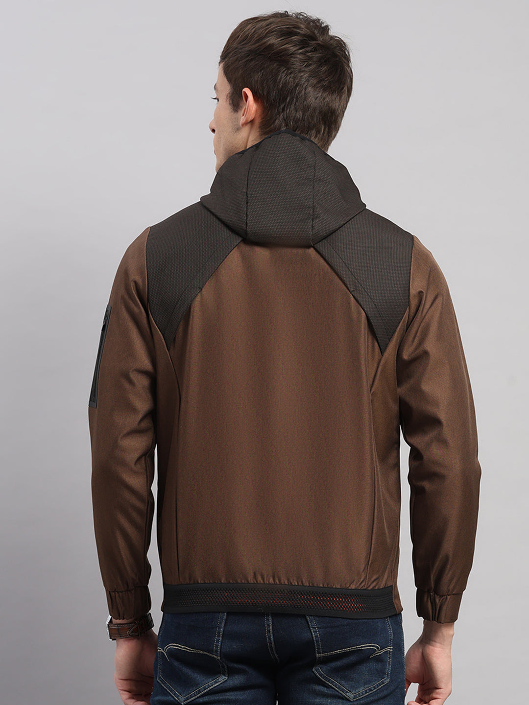 Men Brown Solid Hooded Full Sleeve Jacket